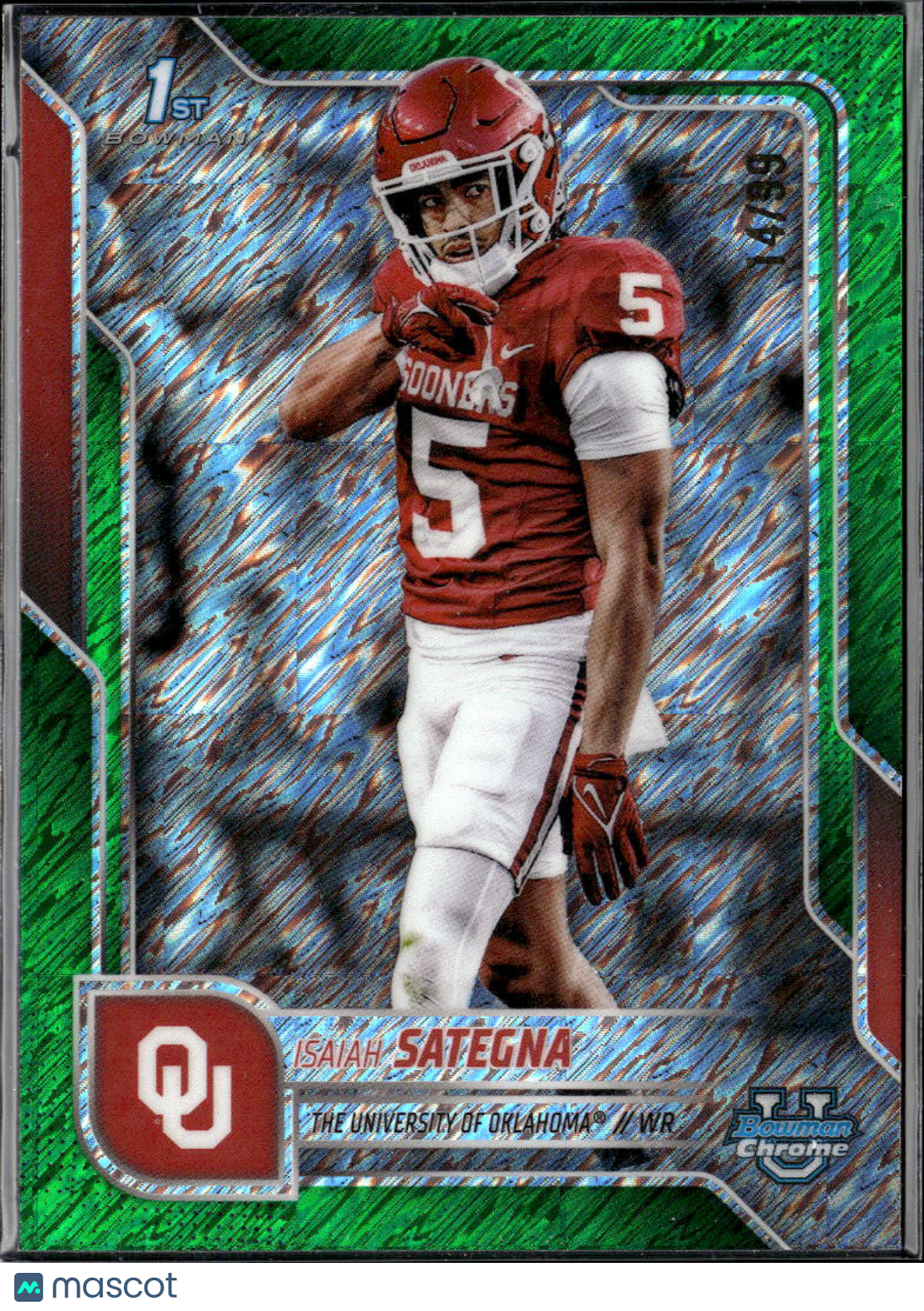 Isaiah Sategna 2025 Bowman Chrome Green Shimmer Refractor 14/99 Oklahoma Sooners