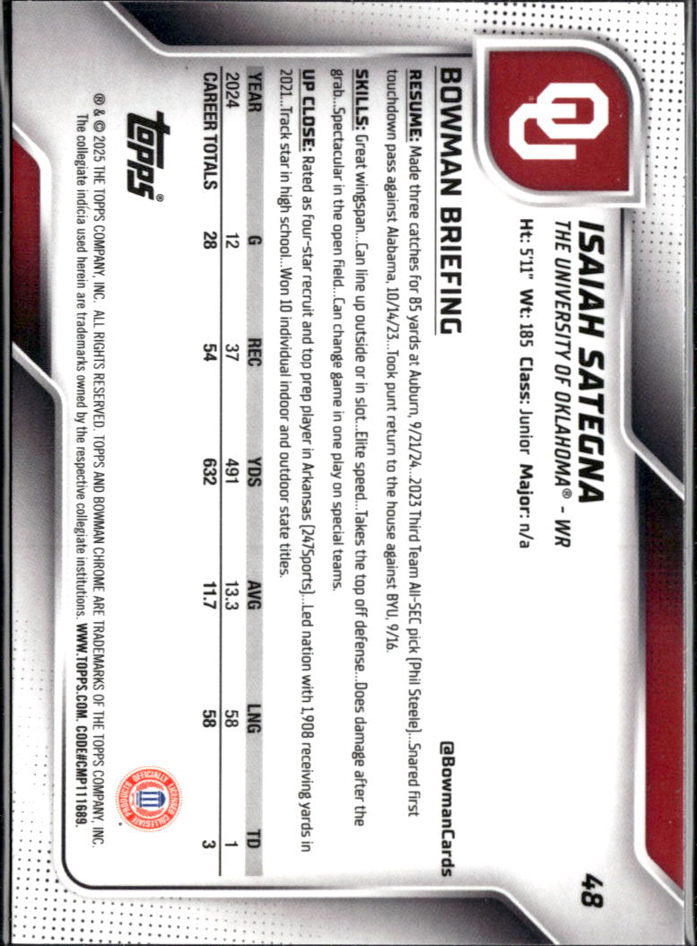 Isaiah Sategna 2025 Bowman Chrome Green Shimmer Refractor 14/99 Oklahoma Sooners