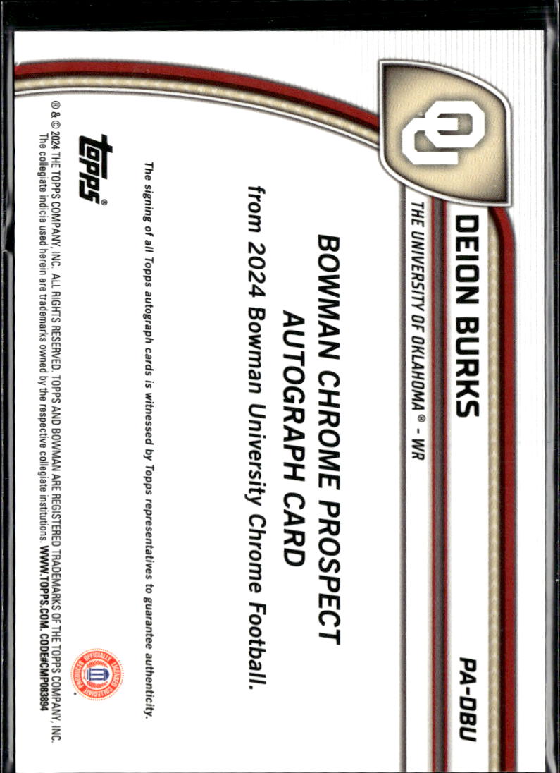 Deion Burks 2024 Bowman Chrome 1st Auto Autograph RC 77/150 Oklahoma Sooners
