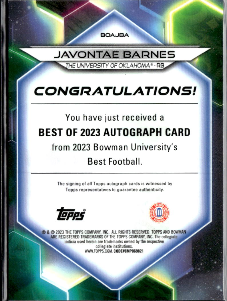 Javontae Barnes 2023 Bowman's Best Auto Autograph RC 14/25 Oklahoma Sooners