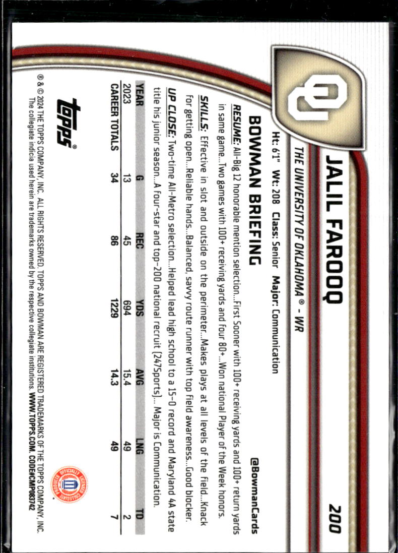 Jalil Farooq 2024 Bowman Chrome GOLD Refractor RC 45/50 Oklahoma Sooners