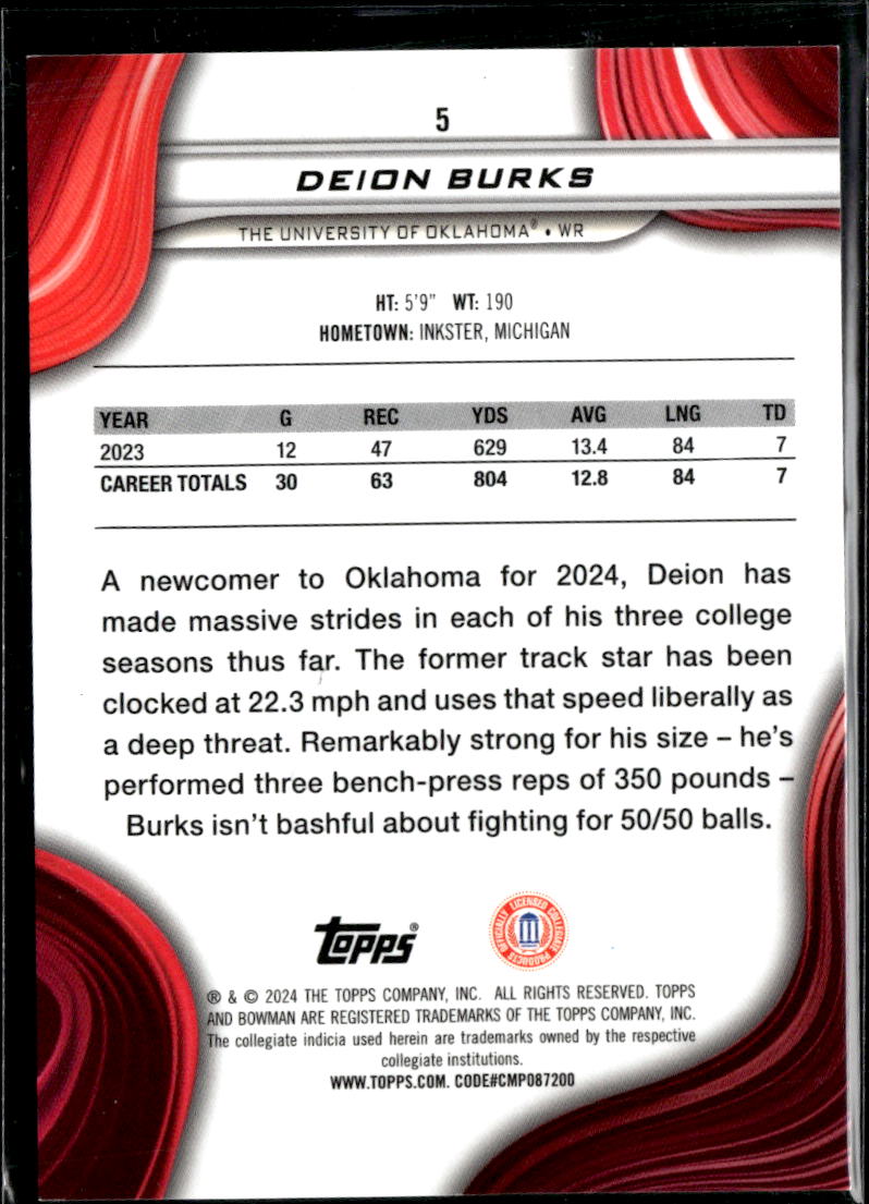 Deion Burks 2024 Bowman's Best Orange Refractor RC 15/25 Oklahoma Sooners