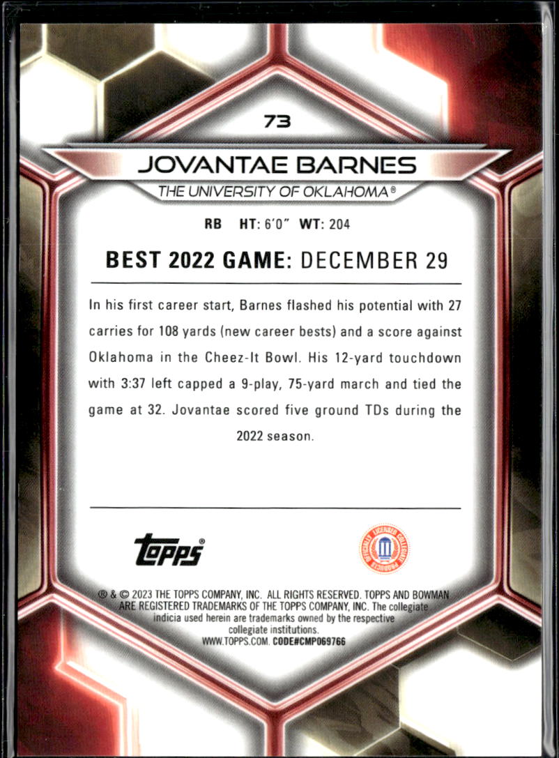Jovantae Barnes 2023 Bowman's Best Orange Refractor 9/25 Oklahoma Sooners
