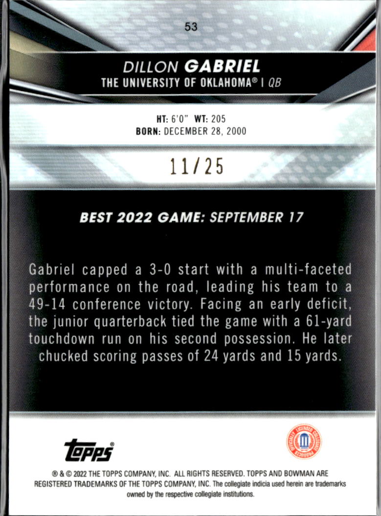 Dillon Gabriel 2022 Bowman's Best Orange Refractor RC 11/25 Oklahoma Sooners