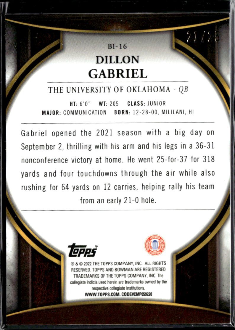 Dillon Gabriel 2022 Bowman Chrome Invicta Orange Refractor /25 Oklahoma Sooners
