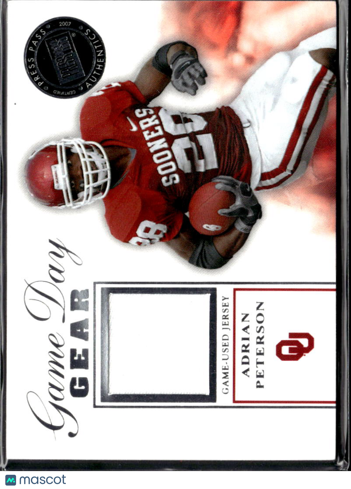 Adrian Peterson 2007 Press Pass Game Day Game Worn Jersey Patch Oklahoma Sooners