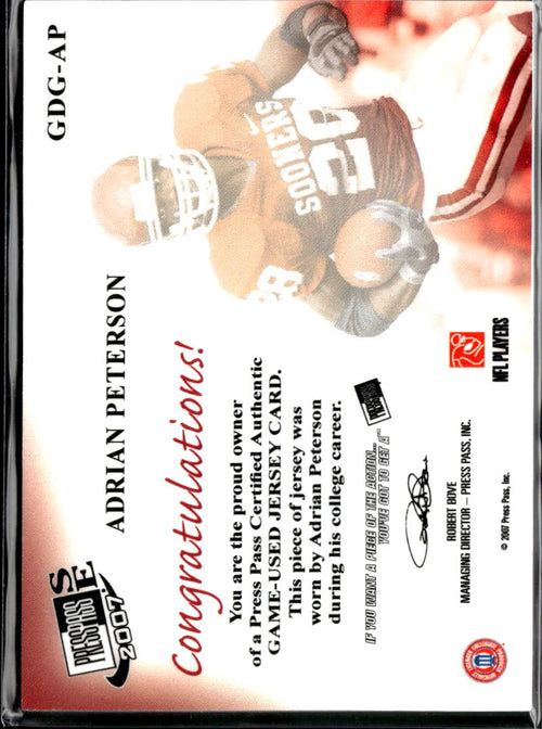 Adrian Peterson 2007 Press Pass Game Day Game Worn Jersey Patch Oklahoma Sooners