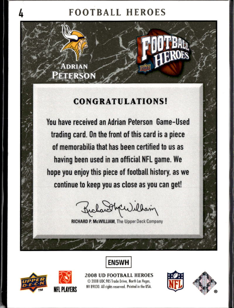 Adrian Peterson 2008 Upper Deck Game Worn Jersey Patch Minnesota Vikings