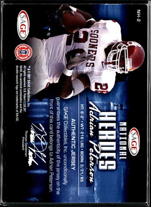 Adrian Peterson 2007 SAGE National Jersey Patch RC Rookie Oklahoma Sooners