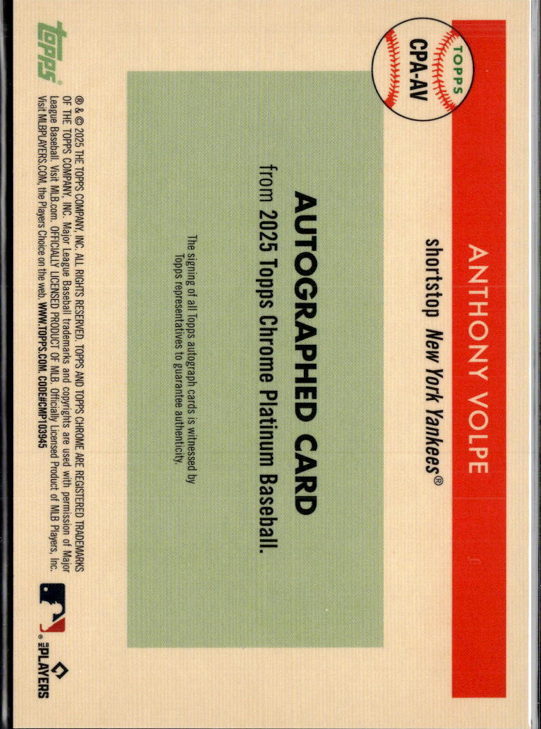 Anthony Volpe 2025 Topps Chrome Platinum Auto Autograph New York Yankees