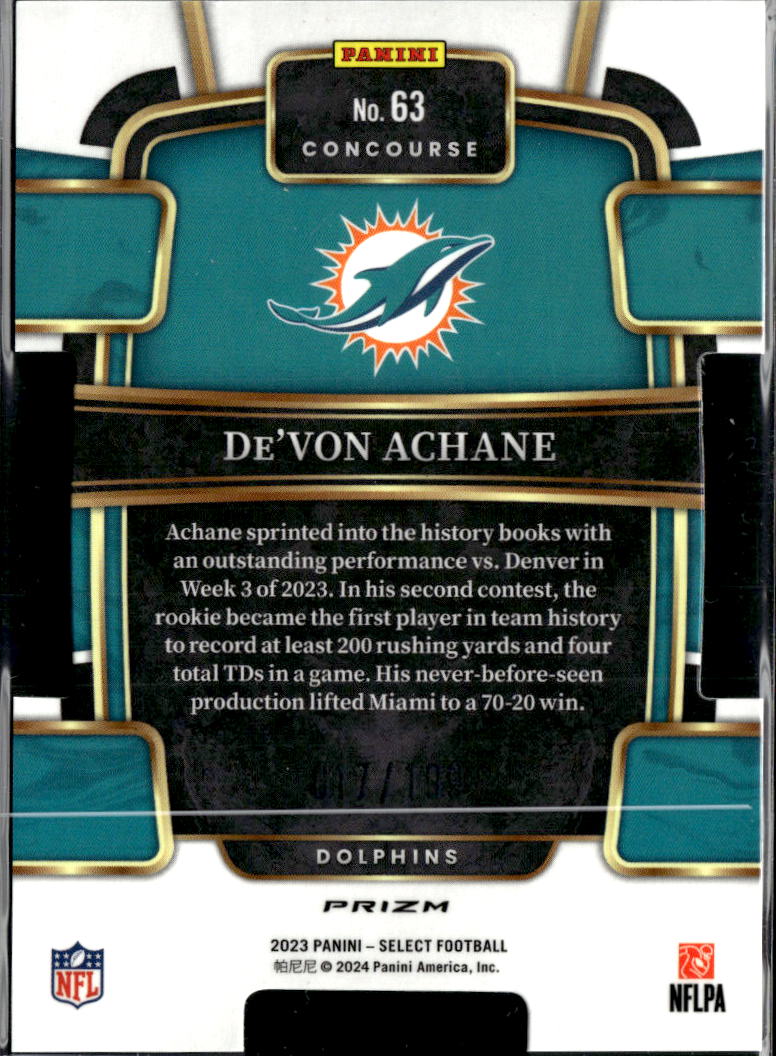 De'Von Achane 2023 Select White Prizm Rookie RC 17/199 Miami Dolphins