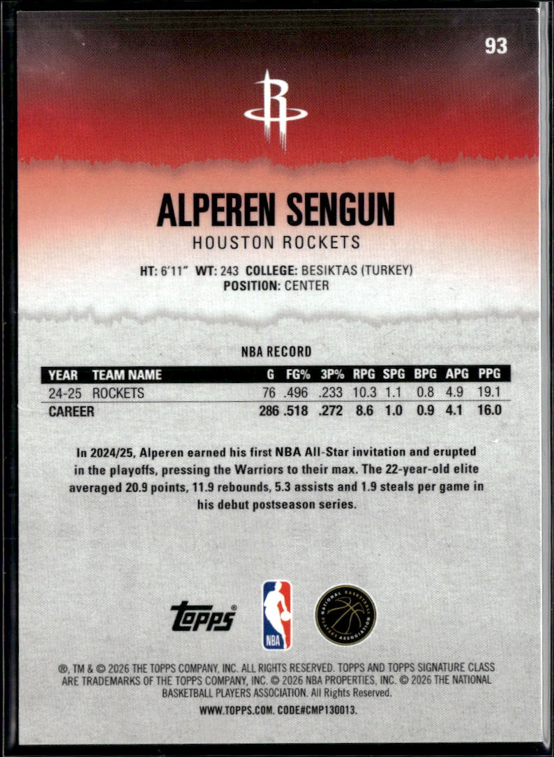 Alperen Sengun 2026 Topps Signature Class GOLD 8/10 Houston Rockets
