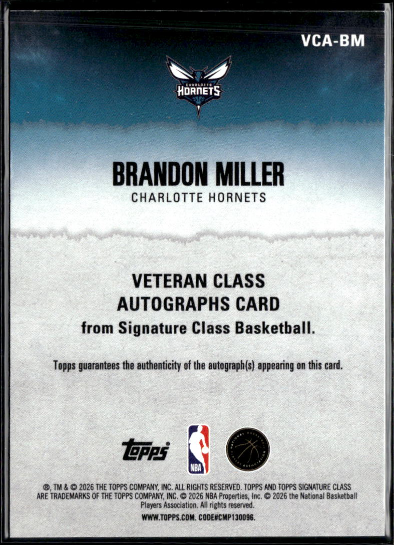 Brandon Miller 2026 Topps Chrome Signature Class Auto Autograph Hornets