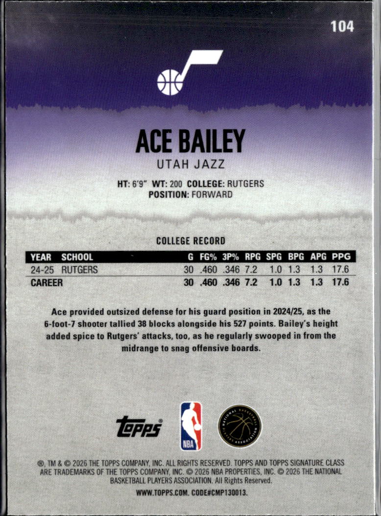 Ace Bailey 2026 Topps Signature Class RC Rookie Pink 107/250 Utah Jazz