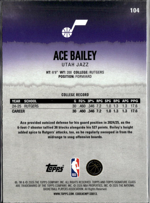 Ace Bailey 2026 Topps Signature Class RC Rookie Pink 107/250 Utah Jazz