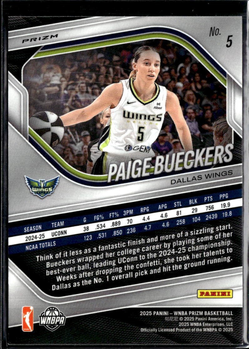 Paige Bueckers 2025 Panini Prizm Silver Prizm Rookie RC Dallas Wings