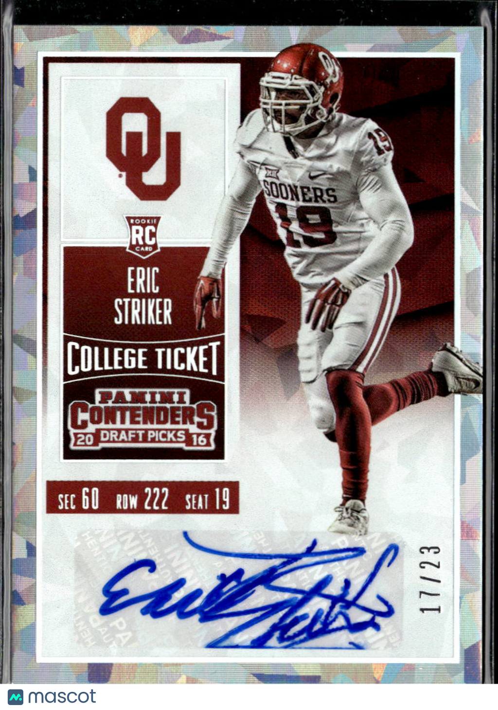 Eric Striker 2016 Contenders Auto Autograph Cracked Ice 17/23 Oklahoma Sooners