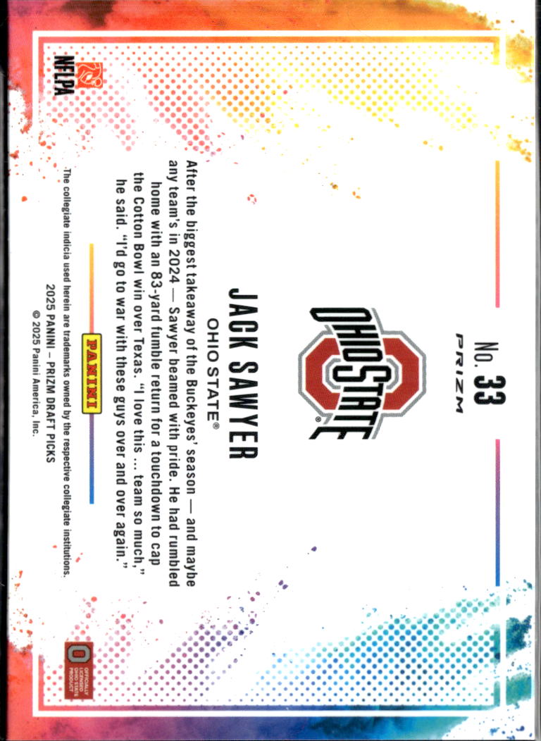 Jack Sawyer 2025 Prizm Draft Picks Black Color Blast RC CASE HIT Ohio State