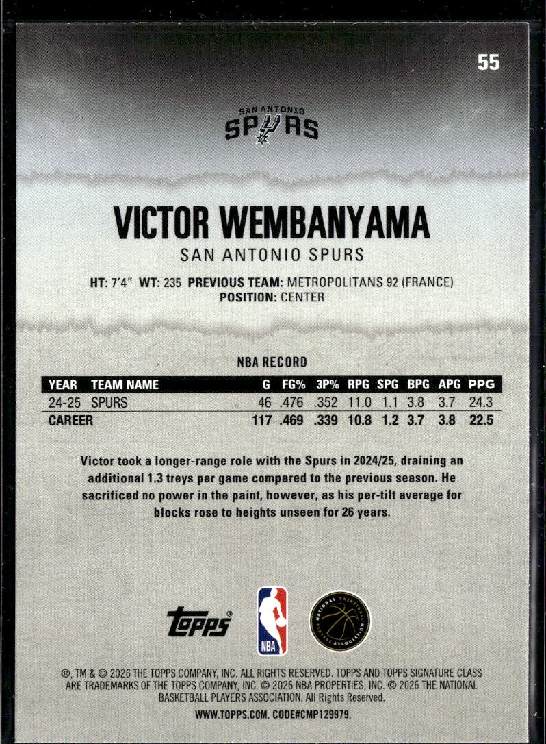 Victor Wembanyama 2026 Topps Signature Class Red 277/299 San Antonio Spurs