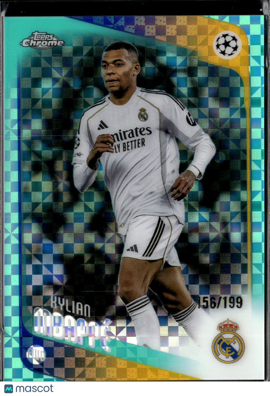 Kylian Mbappe 2026 Topps Chrome UEFA Aqua Refractor 156/199 Real Madrid C.F.