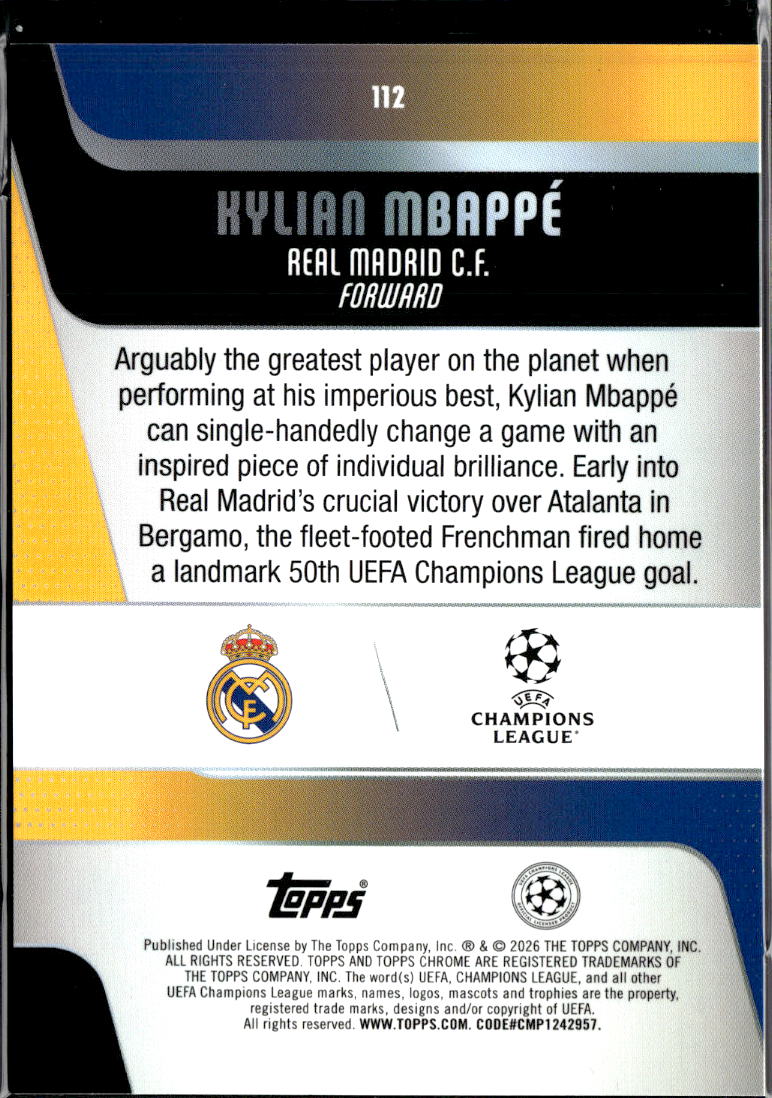Kylian Mbappe 2026 Topps Chrome UEFA Aqua Refractor 156/199 Real Madrid C.F.