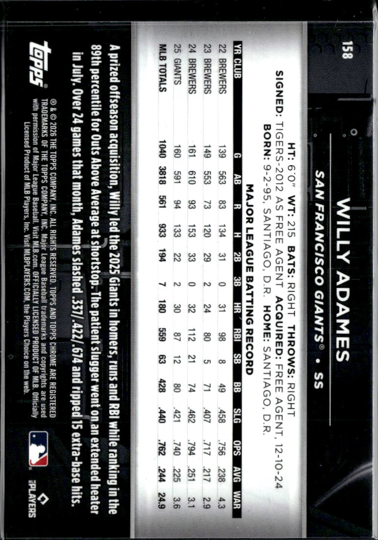 Willy Adames 2026 Topps Chrome Black GOLD 14/50 San Francisco Giants