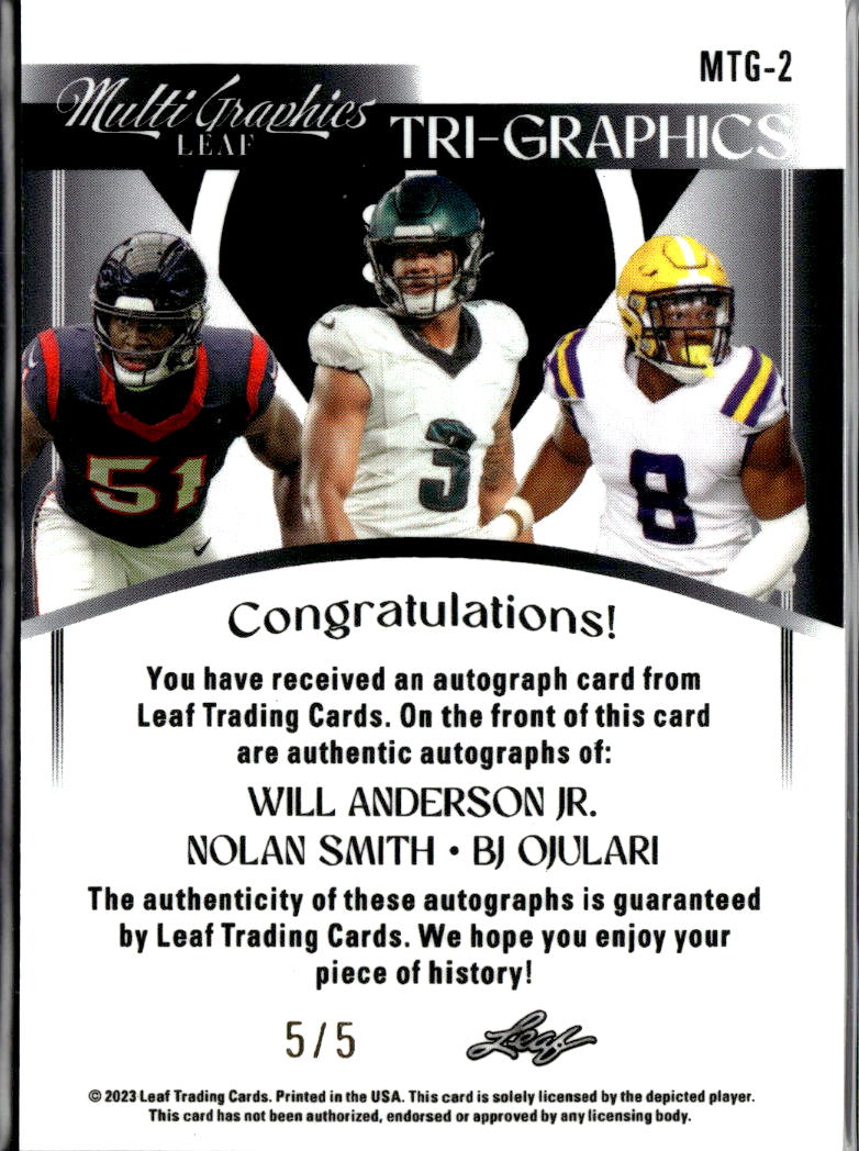 Will Anderson Jr/  BJ Ojulari / Nolan Smith 2023 Leaf Triple Auto Autograph 5/5