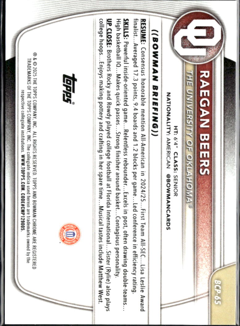 Raegan Beers 2025 Bowman Chrome 1st GOLD Refractor RC 49/50 Oklahoma Sooners