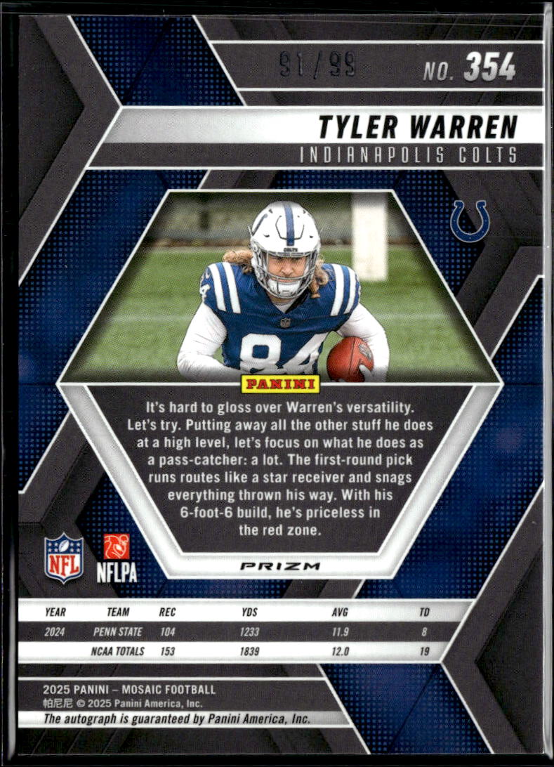 Tyler Warren 2025 Mosaic Auto Autograph RC BLUE 91/99 Indianapolis Colts