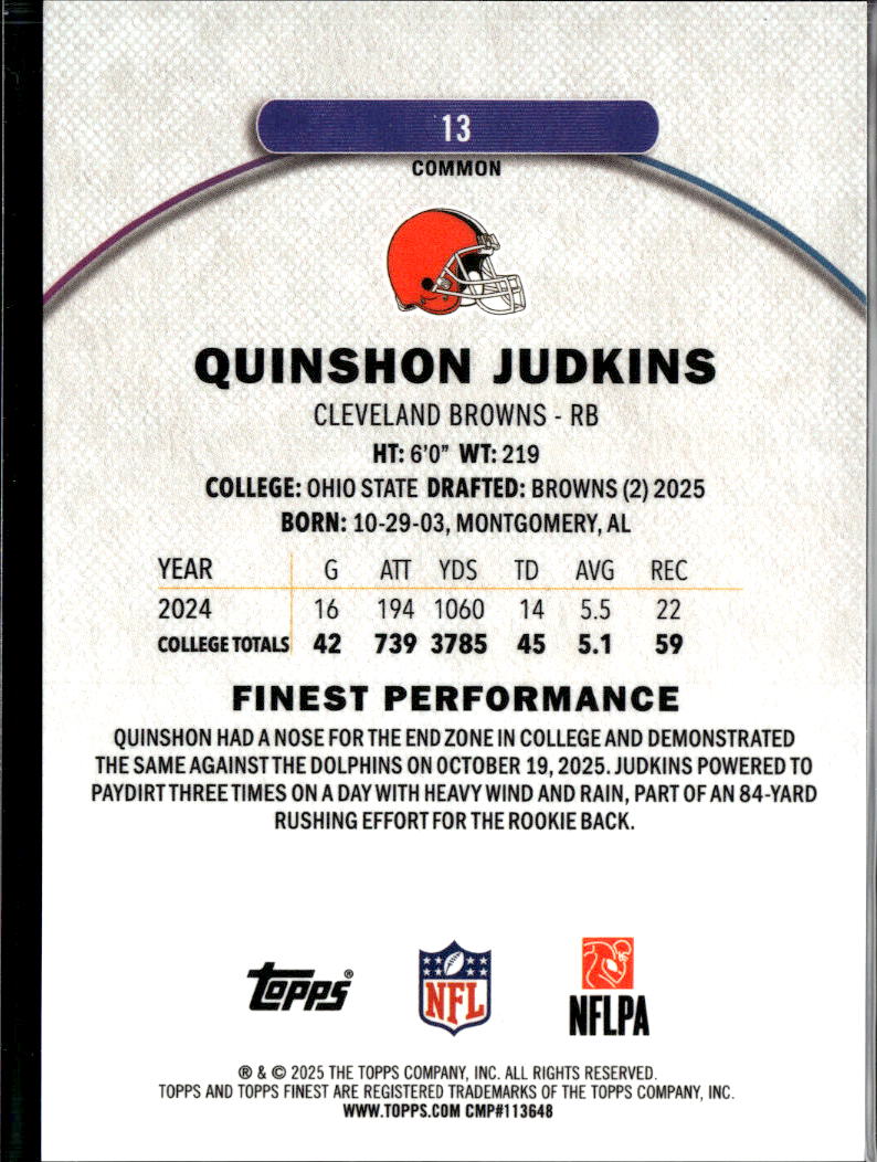 Quinshon Judkins 2025 Topps Finest Sky Blue Refractor RC 6/325 Cleveland Browns