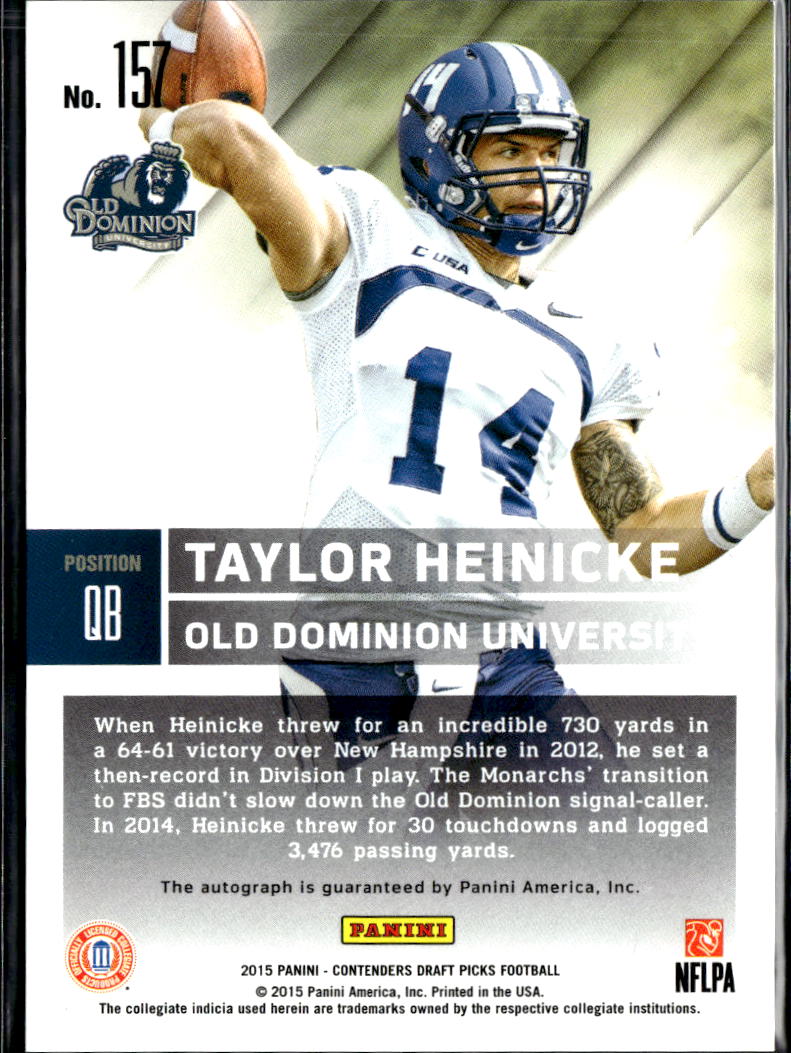 Taylor Heinicke 2015 Contenders Auto Autograph RC Old Dominion Monarchs
