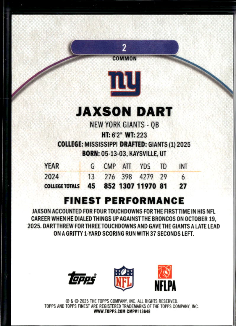 Jaxson Dart 2025 Topps Finest Aqua Refractor Rookie RC 220/325 New York Giants