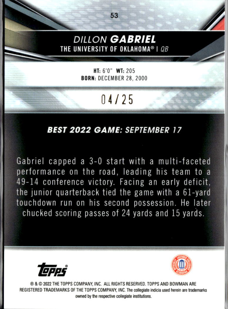 Dillon Gabriel 2022 Bowman's Best Orange Refractor RC 4/25 Oklahoma Sooners