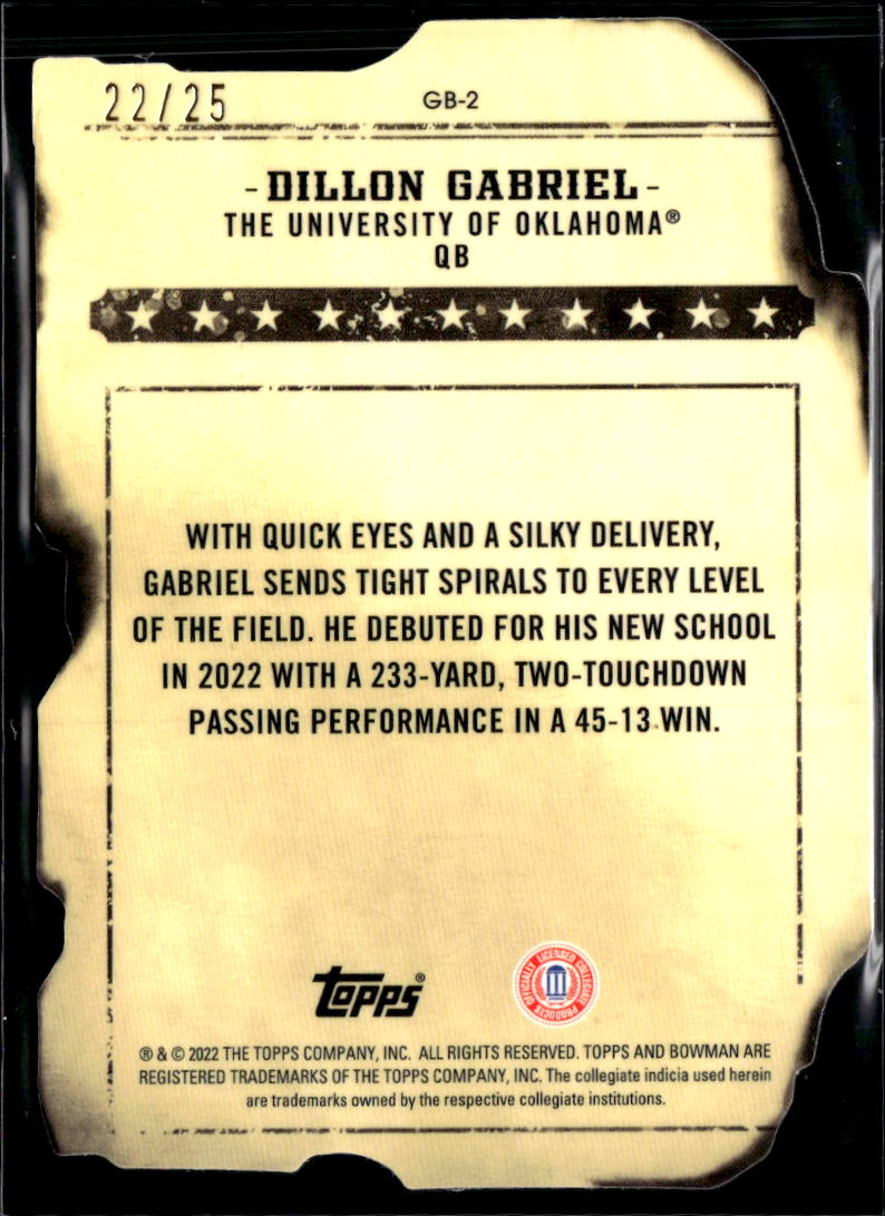 Dillon Gabriel 2022 Bowman's Best Gunslingers Orange Refractor 22/25 Sooners