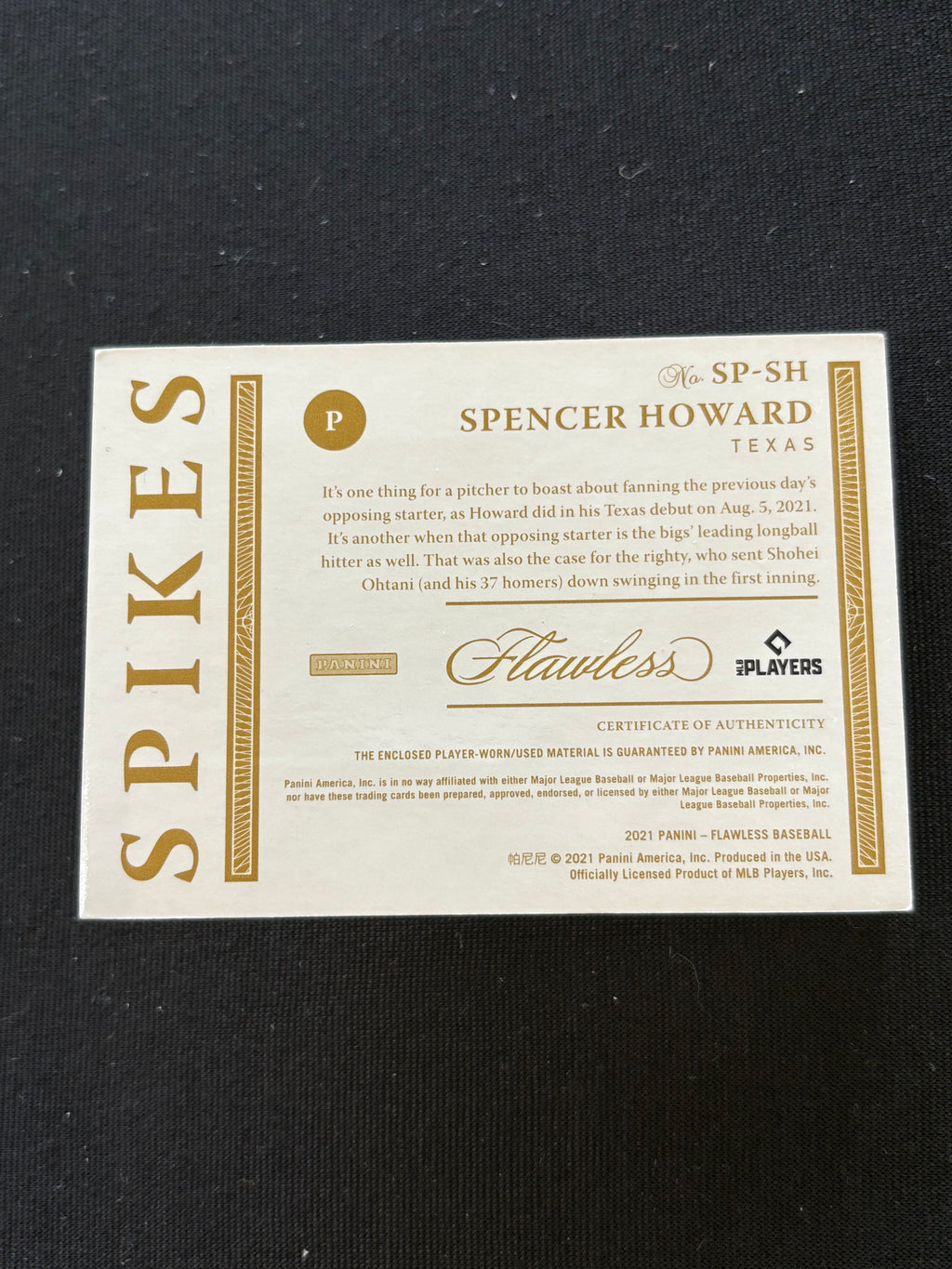 Spencer Howard 2021  Flawless Baseball Shoe Relic Spikes 5/12 Texas Rangers