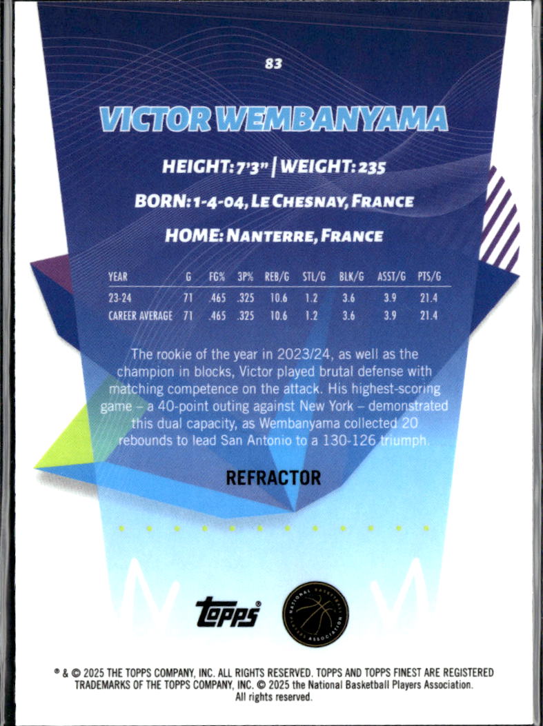 Victor Wembanyama 2025 Topps Finest Refractor San Antonio Spurs