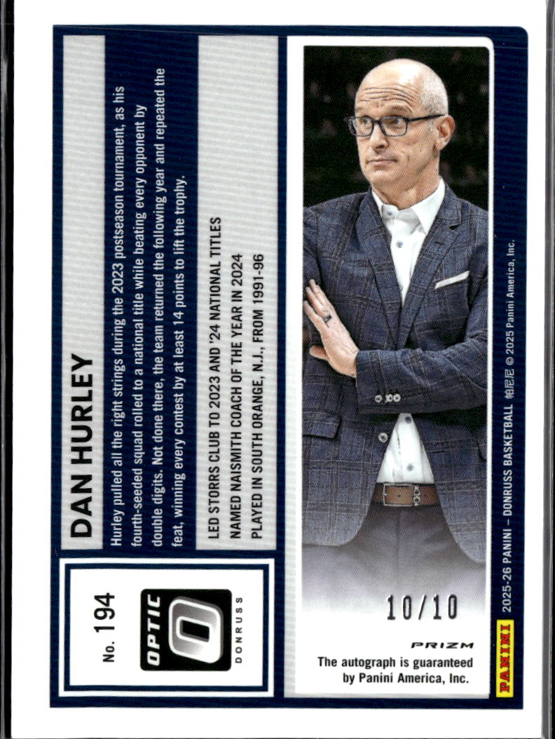 Dan Hurley 2025 Optic Auto Autograph GOLD Prizm 10/10 UConn Huskies