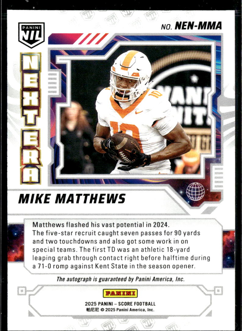 Mike Matthews 2025 Score NIL Next Era Auto Autograph RC Tennessee Volunteers