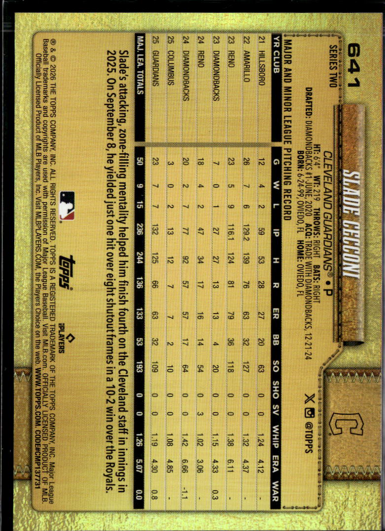 Slade Cecconi 2026 Topps Series Two Golden Mirror SSP Cleveland Guardians