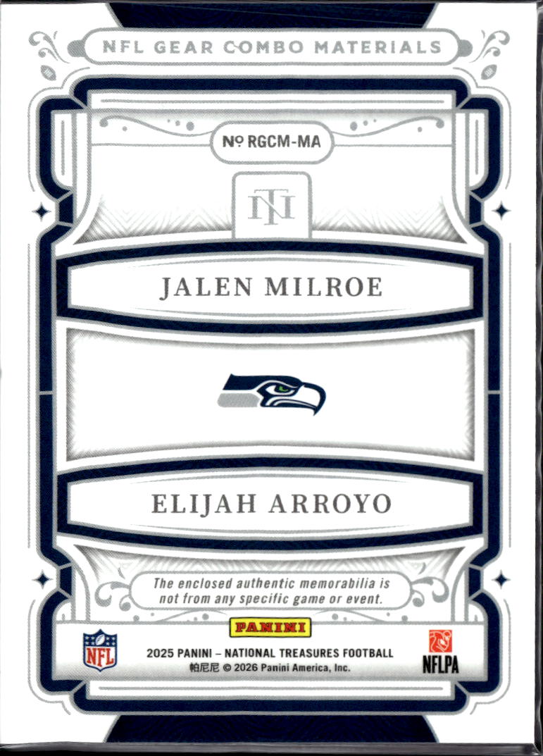 Elijah Arroyo / Jalen Milroe 2025 National Treasures Dual Patch RC /49 Seahawks
