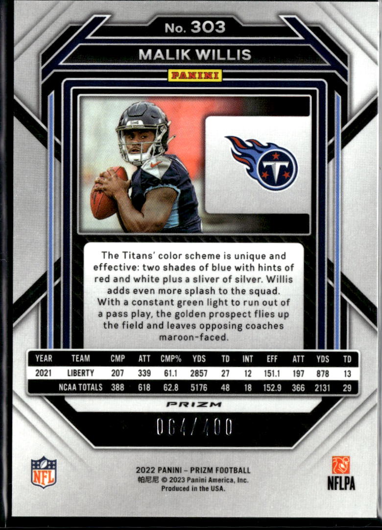 Malik Willis 2022 Prizm Pandora Prizm Rookie RC 64/400 Tennessee Titans