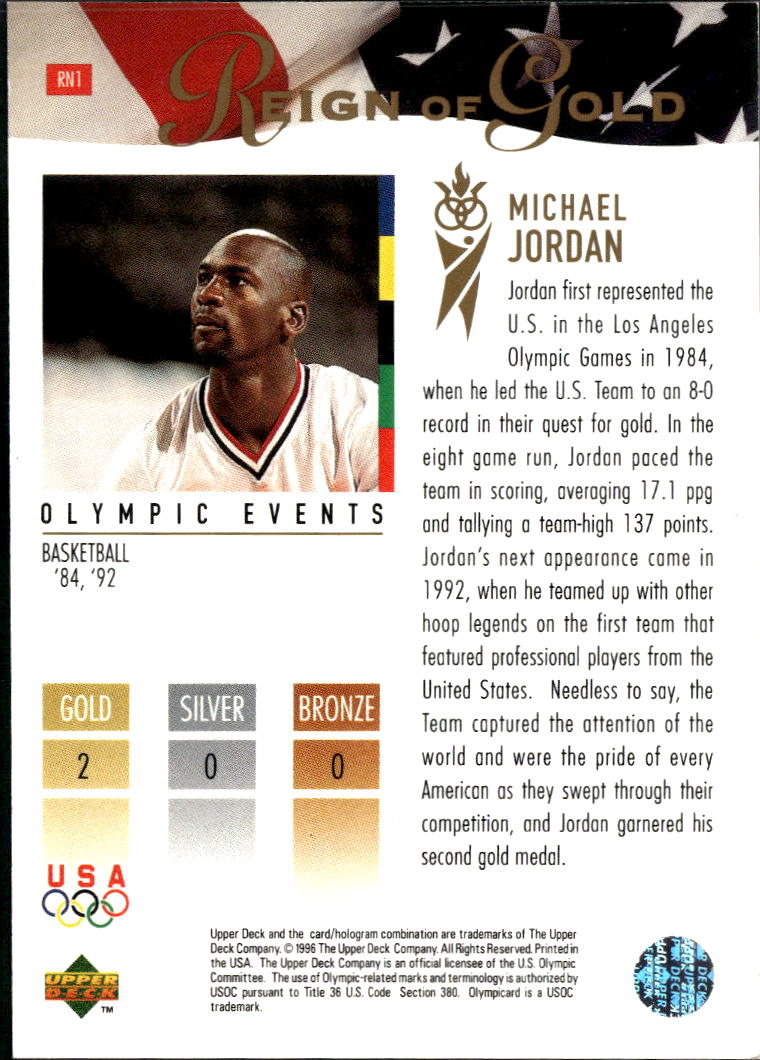 Michael Jordan 1996 Upper Deck USA Olympicard Reign of Gold USA Basketball #RN1