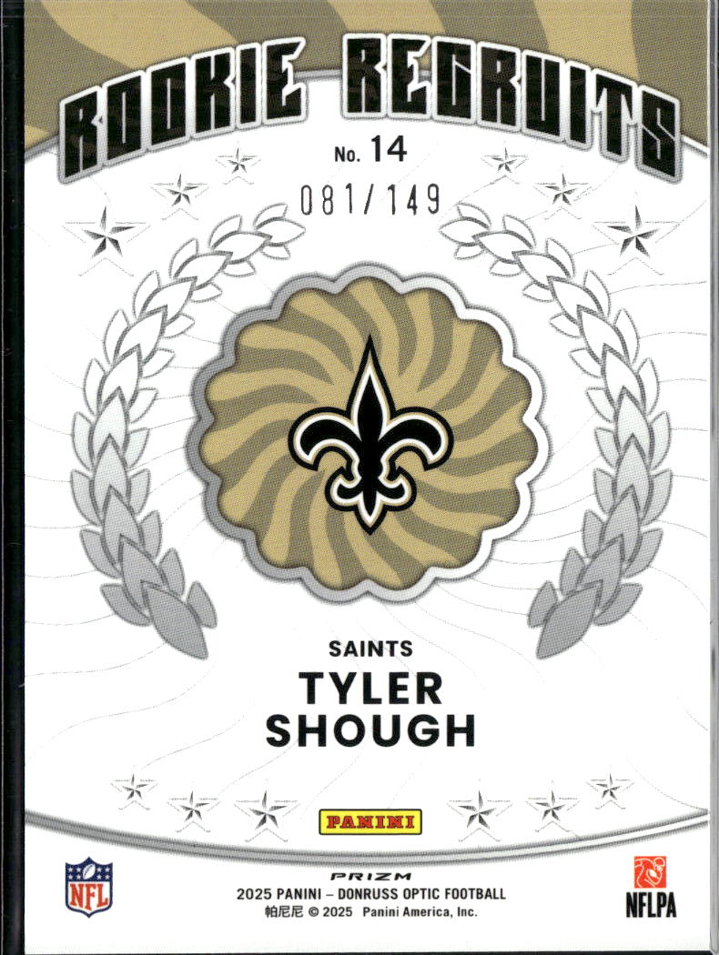 Tyler Shough 2025 Optic Rookie Recruits RC Black Pandora 81/149 Saints