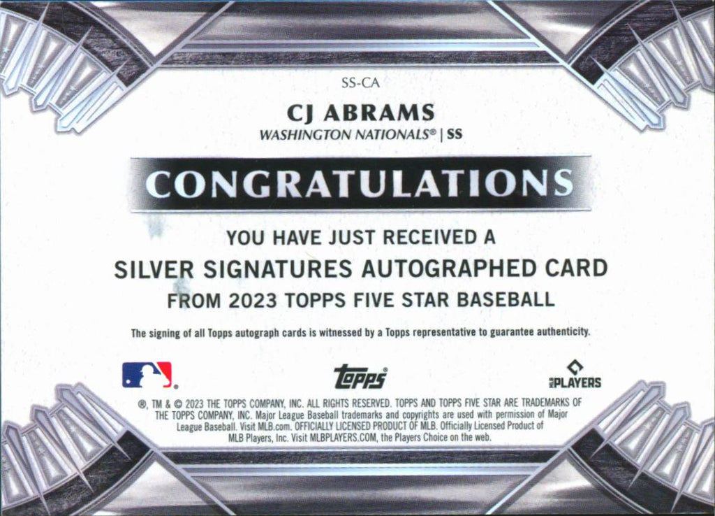 CJ Abrams 2023 Topps Five Star Auto Autograph GOLD 3/10 Washington Nationals