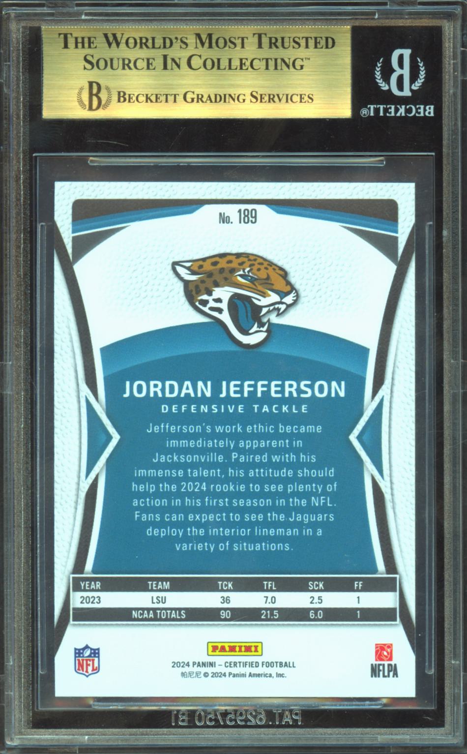 Jordan Jefferson 2024 Certified Mirror GOLD Rookie RC Jaguars 23/25 BGS 9.5