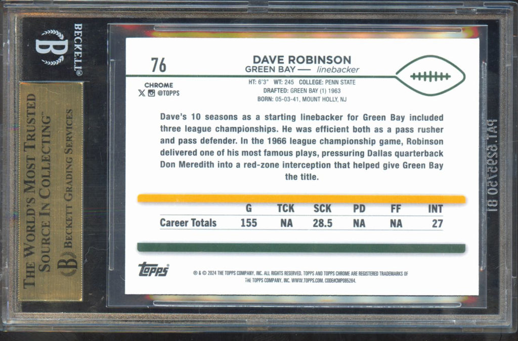 Dave Robinson 2024 Topps Chrome Yellow Wave Refractors Packers 56/75 BGS 9.5