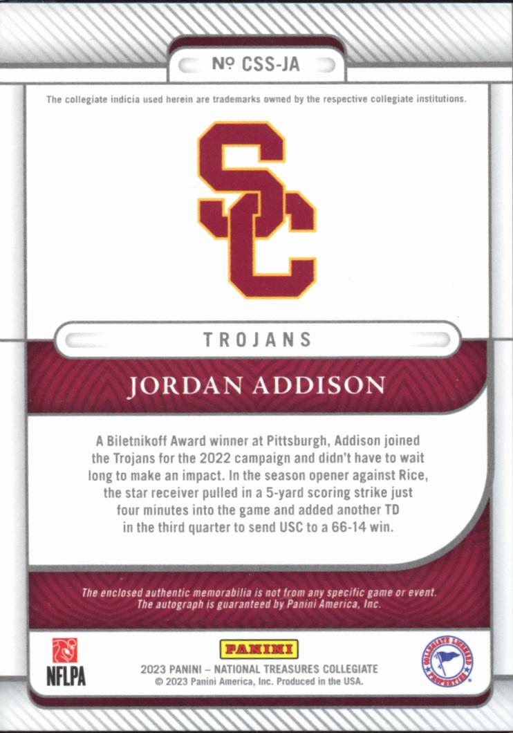 Jordan Addison 2023 National Treasures Auto Autograph Patch RC 29/99 USC Trojans