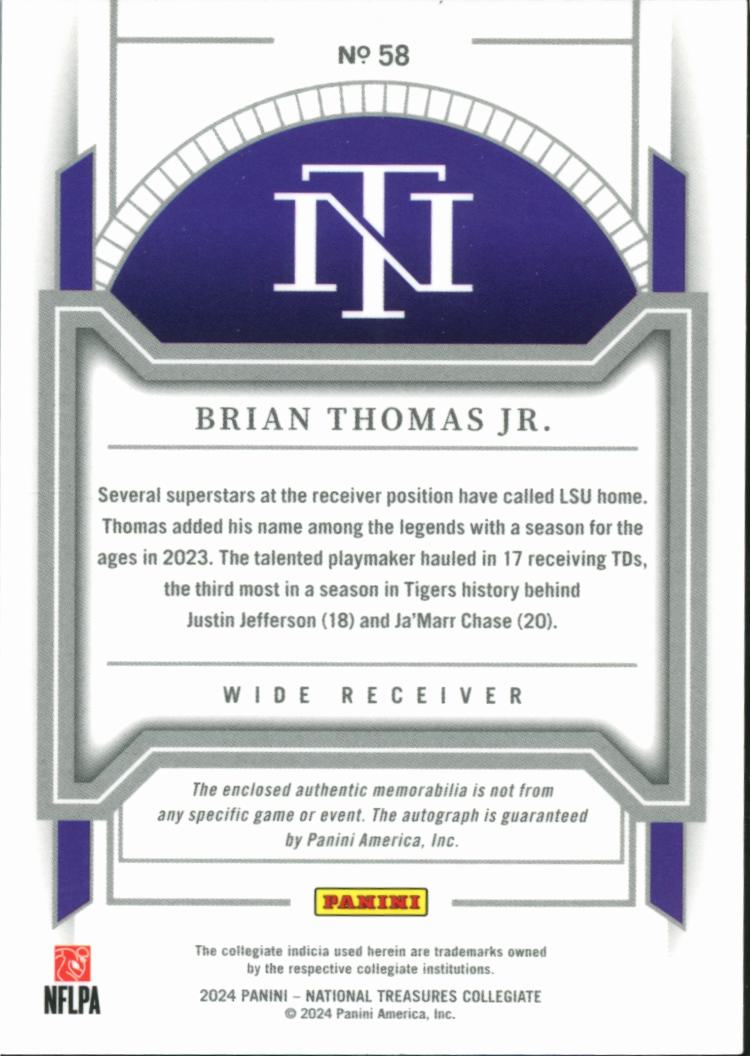 Brian Thomas Jr. 2024 National Treasures Auto Autograph Patch RC 2/99 LSU Tigers