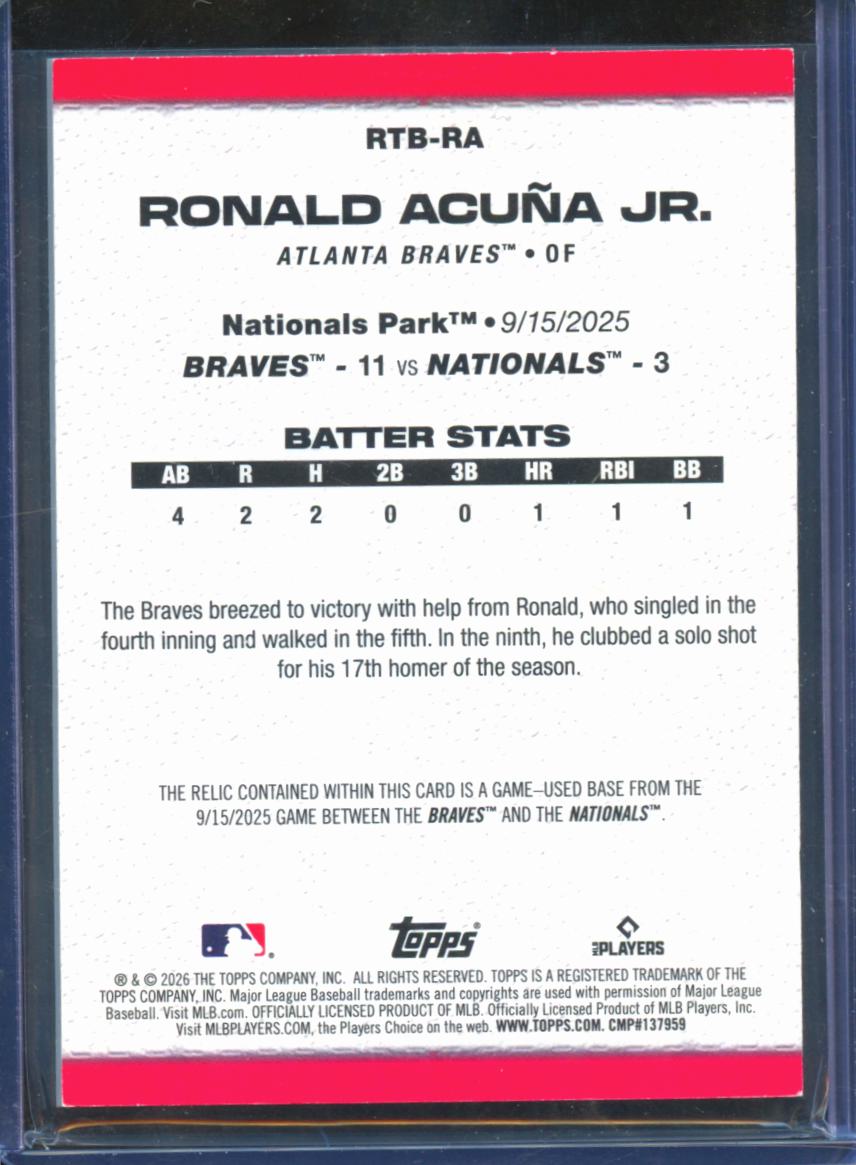 Ronald Acuna Jr. 2026 Topps Game Used Base Relic RTB Atlanta Braves