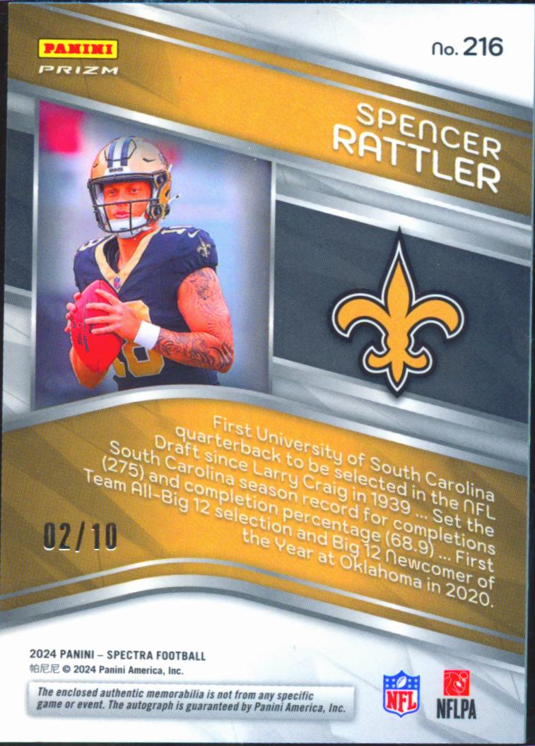 Spencer Rattler 2024 Spectra Auto Autograph Patch RC 2/10 New Orleans Saints